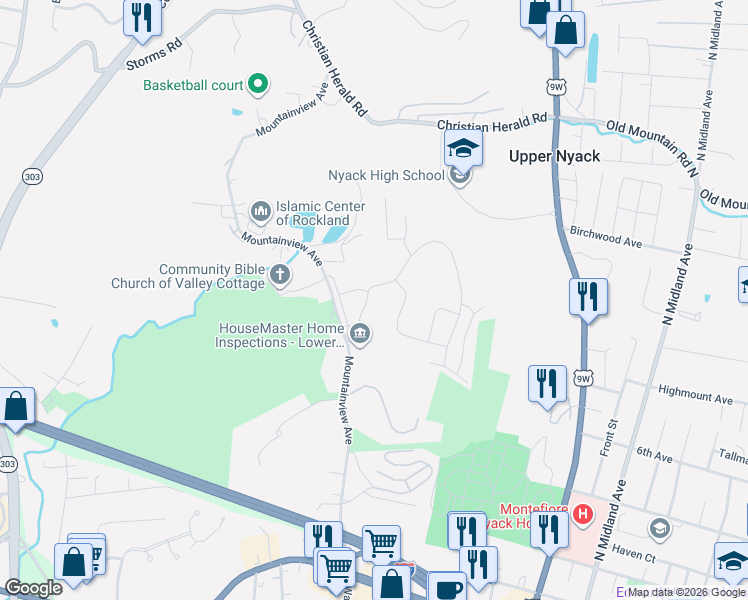 map of restaurants, bars, coffee shops, grocery stores, and more near 176 Sierra Vista Lane in Valley Cottage