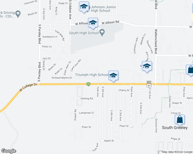 map of restaurants, bars, coffee shops, grocery stores, and more near 1400-1524 West College Drive in Cheyenne