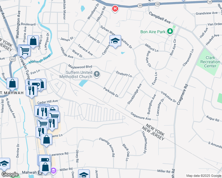 map of restaurants, bars, coffee shops, grocery stores, and more near 94 Parkside Drive in Suffern