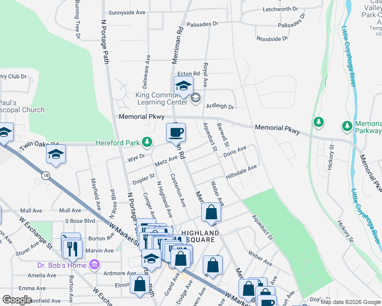 map of restaurants, bars, coffee shops, grocery stores, and more near 395 Merriman Road in Akron