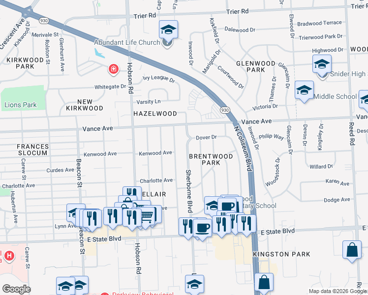 map of restaurants, bars, coffee shops, grocery stores, and more near 2904 Barnhart Avenue in Fort Wayne