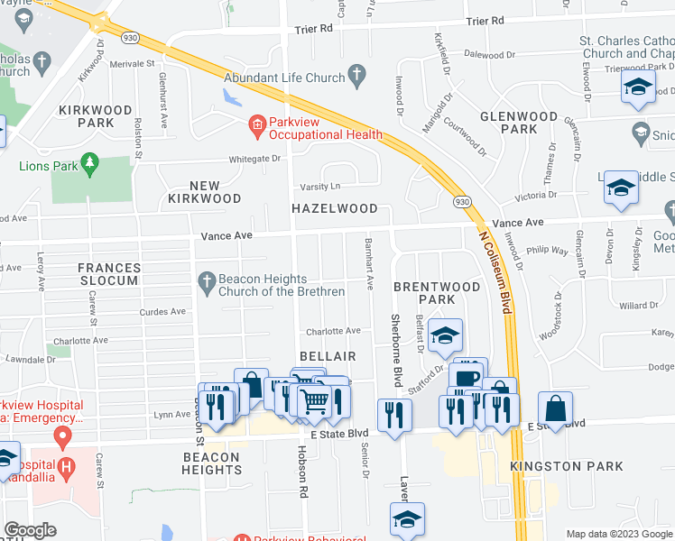 map of restaurants, bars, coffee shops, grocery stores, and more near 2906 Nordholme Avenue in Fort Wayne