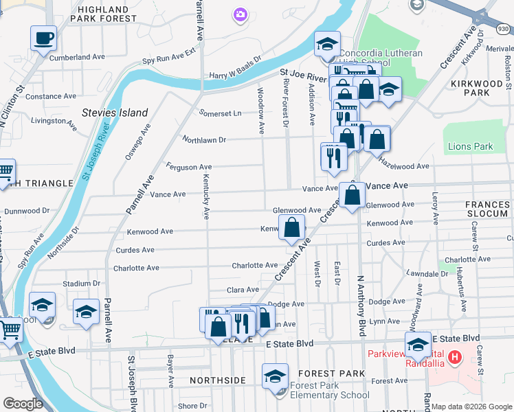 map of restaurants, bars, coffee shops, grocery stores, and more near in Fort Wayne