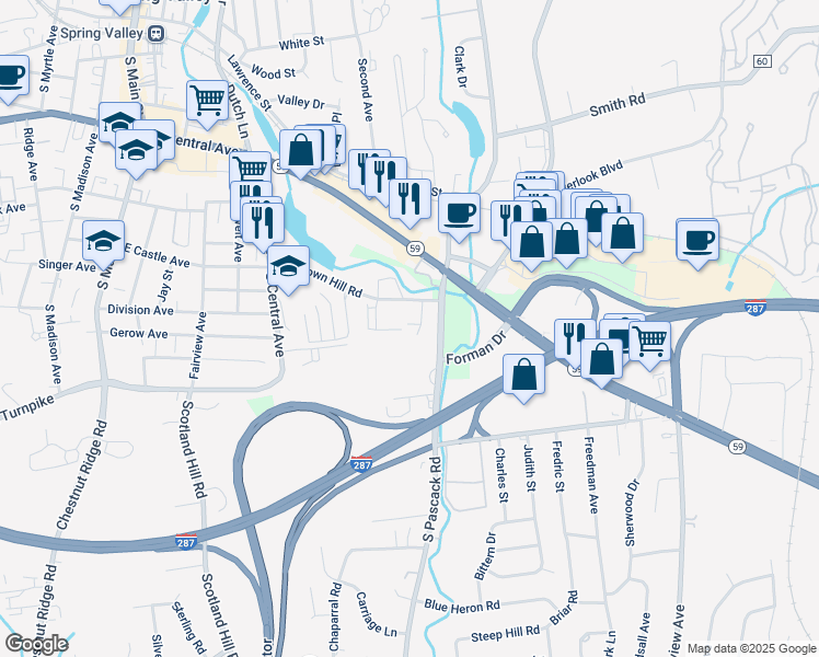 map of restaurants, bars, coffee shops, grocery stores, and more near 308 Town Hill Condominium in Nanuet