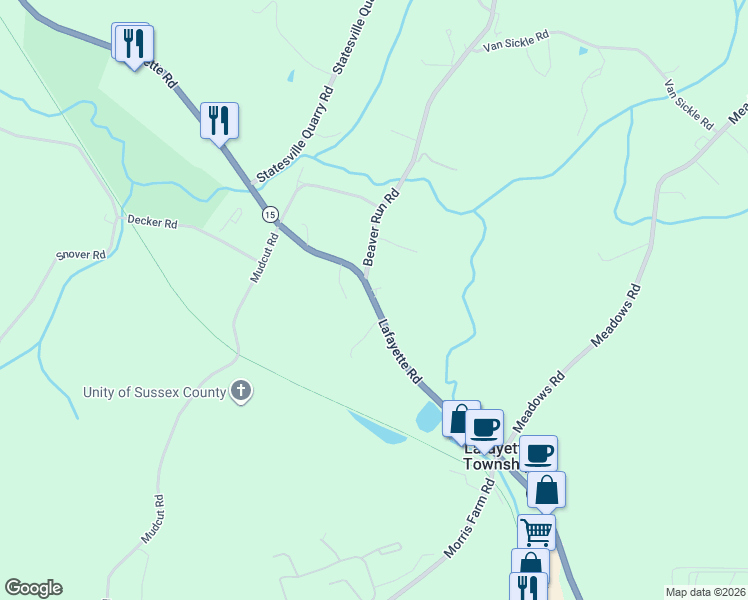 map of restaurants, bars, coffee shops, grocery stores, and more near 142 New Jersey 15 in Lafayette
