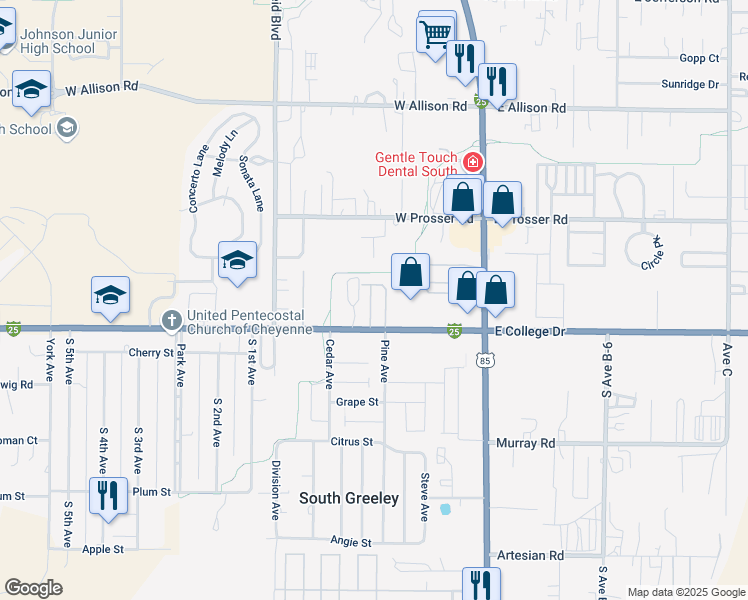 map of restaurants, bars, coffee shops, grocery stores, and more near 420 West College Drive in Cheyenne