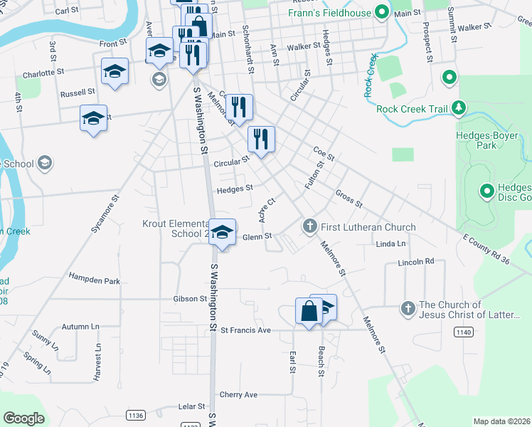 map of restaurants, bars, coffee shops, grocery stores, and more near 25 Achre Court in Tiffin