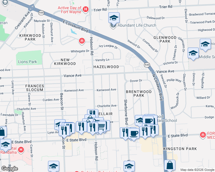 map of restaurants, bars, coffee shops, grocery stores, and more near 2906 Nordholme Avenue in Fort Wayne