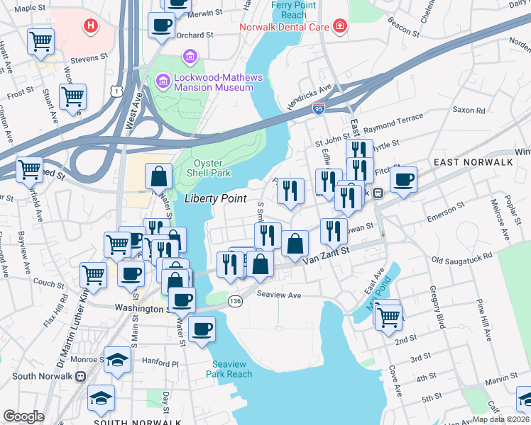 map of restaurants, bars, coffee shops, grocery stores, and more near 13 South Smith Street in Norwalk