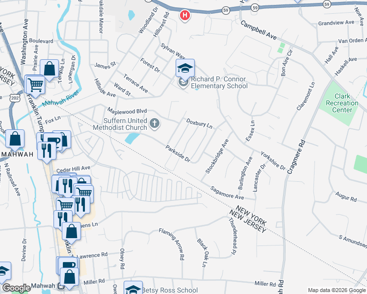 map of restaurants, bars, coffee shops, grocery stores, and more near 94 Parkside Drive in Suffern