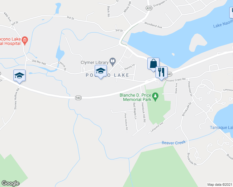 map of restaurants, bars, coffee shops, grocery stores, and more near Pennsylvania 940 in Pocono Pines