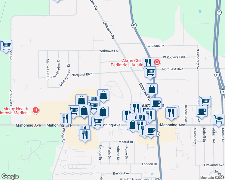 map of restaurants, bars, coffee shops, grocery stores, and more near 125 Fitch Boulevard in Youngstown