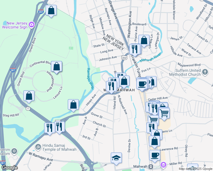 map of restaurants, bars, coffee shops, grocery stores, and more near 100 Strysko Avenue in Mahwah
