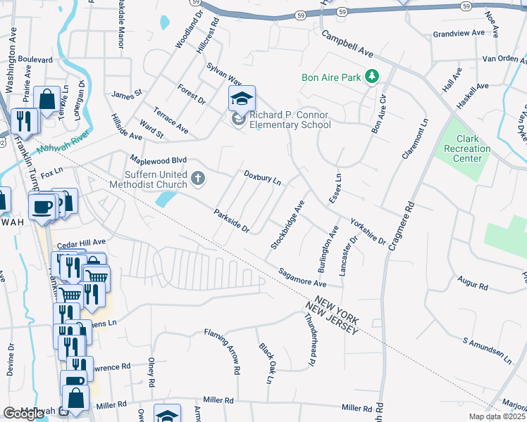 map of restaurants, bars, coffee shops, grocery stores, and more near 258 Parkside Drive in Suffern