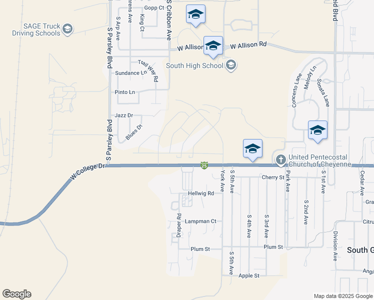 map of restaurants, bars, coffee shops, grocery stores, and more near 1400-1524 West College Drive in Cheyenne