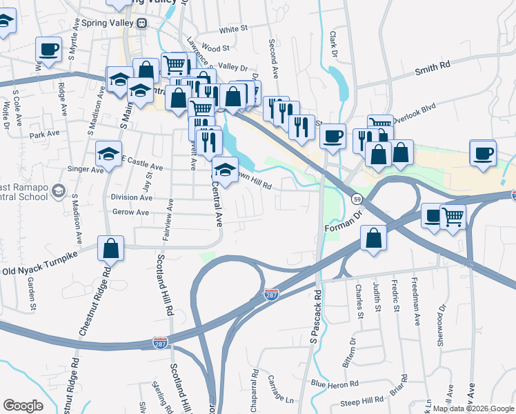 map of restaurants, bars, coffee shops, grocery stores, and more near 22 Omni Parc Drive in Nanuet