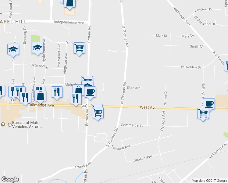 map of restaurants, bars, coffee shops, grocery stores, and more near 53 North Thomas Road in Tallmadge