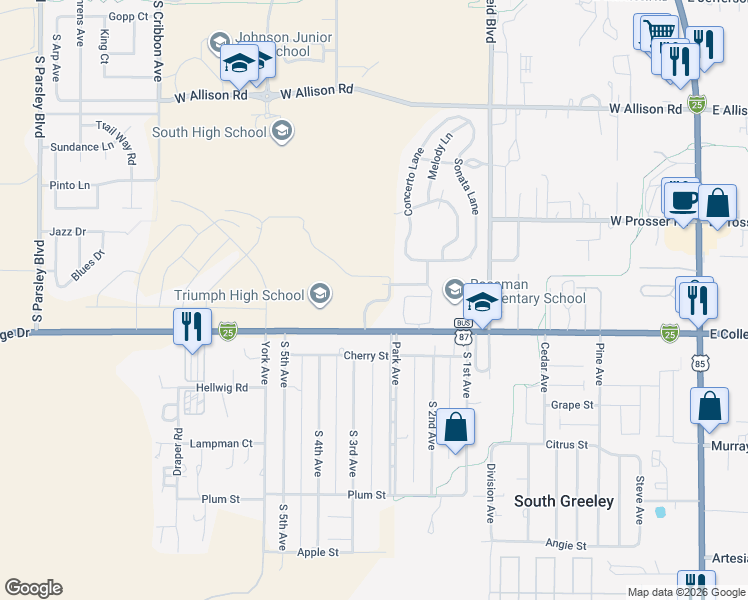 map of restaurants, bars, coffee shops, grocery stores, and more near in Cheyenne