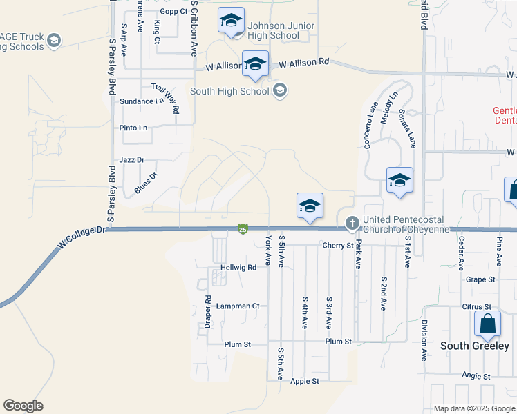 map of restaurants, bars, coffee shops, grocery stores, and more near 1400-1524 West College Drive in Cheyenne