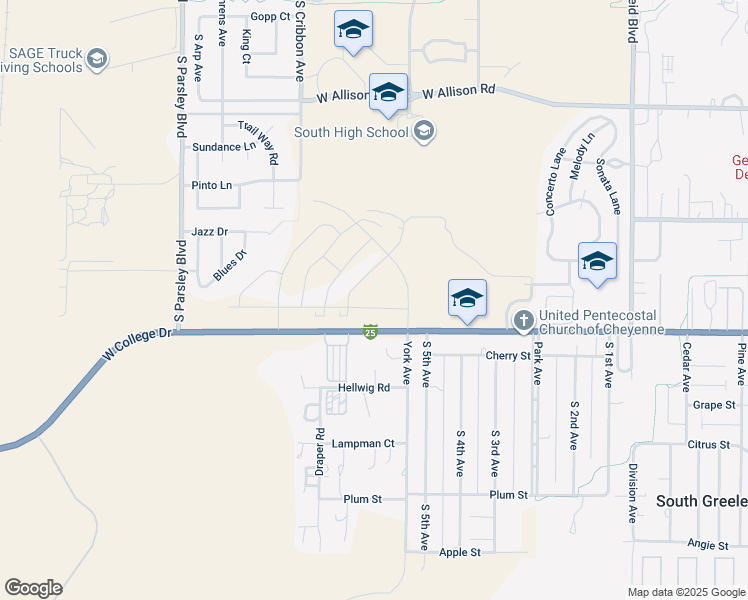 map of restaurants, bars, coffee shops, grocery stores, and more near 1400-1524 West College Drive in Cheyenne
