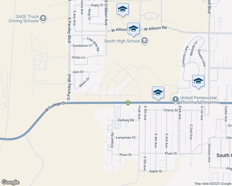 map of restaurants, bars, coffee shops, grocery stores, and more near 1611B West College Drive in Cheyenne