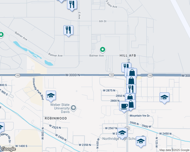 map of restaurants, bars, coffee shops, grocery stores, and more near 2955 North 725 West in Layton