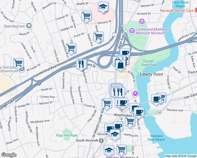 map of restaurants, bars, coffee shops, grocery stores, and more near 19 Garner Street in Norwalk