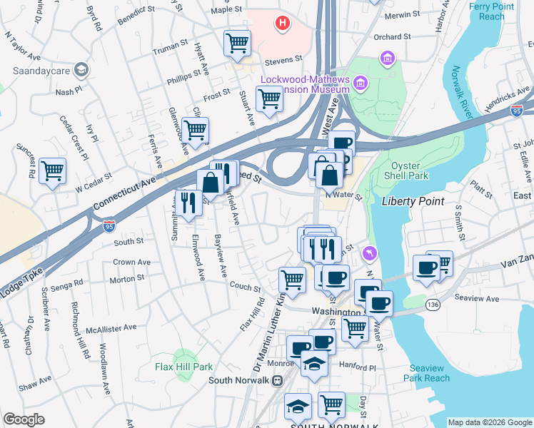 map of restaurants, bars, coffee shops, grocery stores, and more near 1 Garfield Street in Norwalk