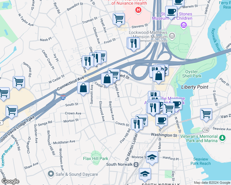 map of restaurants, bars, coffee shops, grocery stores, and more near 46 Fairfield Avenue in Norwalk