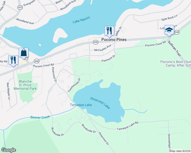 map of restaurants, bars, coffee shops, grocery stores, and more near 1051 Crestwoods Drive in Pocono Pines