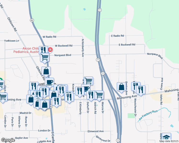 map of restaurants, bars, coffee shops, grocery stores, and more near 131 North Kimberly Avenue in Youngstown