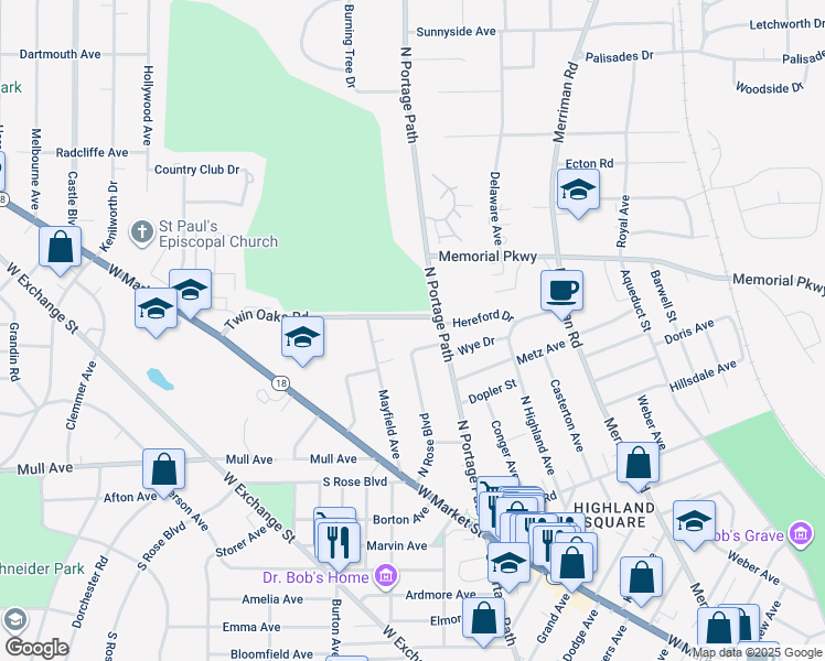 map of restaurants, bars, coffee shops, grocery stores, and more near 135 North Rose Boulevard in Akron
