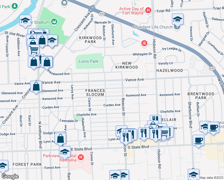 map of restaurants, bars, coffee shops, grocery stores, and more near 2617 Kenwood Avenue in Fort Wayne