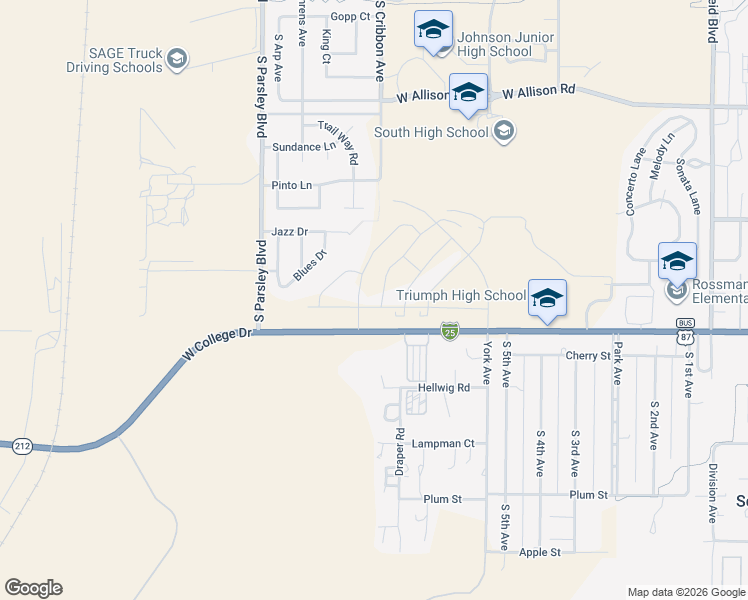map of restaurants, bars, coffee shops, grocery stores, and more near 1578-1898 West College Drive in Cheyenne
