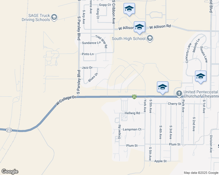 map of restaurants, bars, coffee shops, grocery stores, and more near 1578-1898 West College Drive in Cheyenne