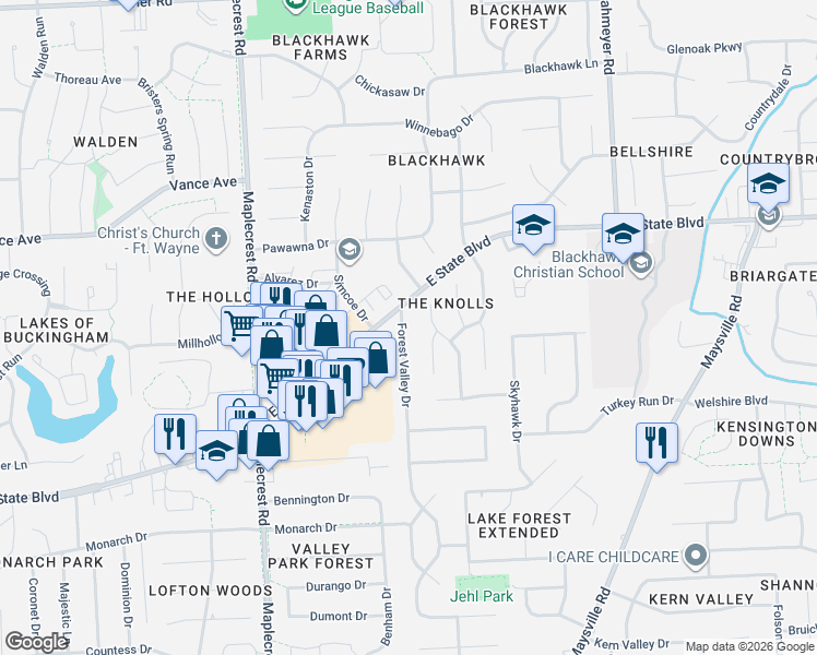 map of restaurants, bars, coffee shops, grocery stores, and more near 2530 Forest Valley Dr in Fort Wayne