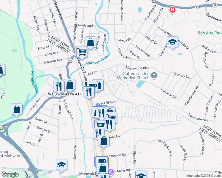 map of restaurants, bars, coffee shops, grocery stores, and more near 1096 Coventry Way in Mahwah