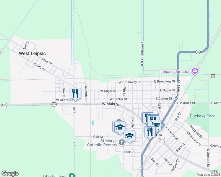 map of restaurants, bars, coffee shops, grocery stores, and more near 317 West Sugar Street in Leipsic