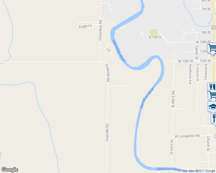 map of restaurants, bars, coffee shops, grocery stores, and more near 1446 North 400 East Road in Streator