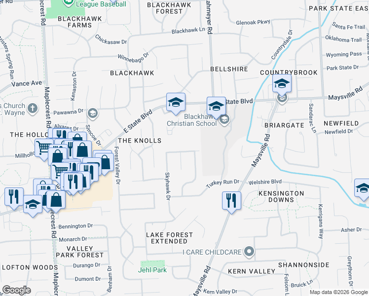 map of restaurants, bars, coffee shops, grocery stores, and more near 2238 Rosita Court in Fort Wayne