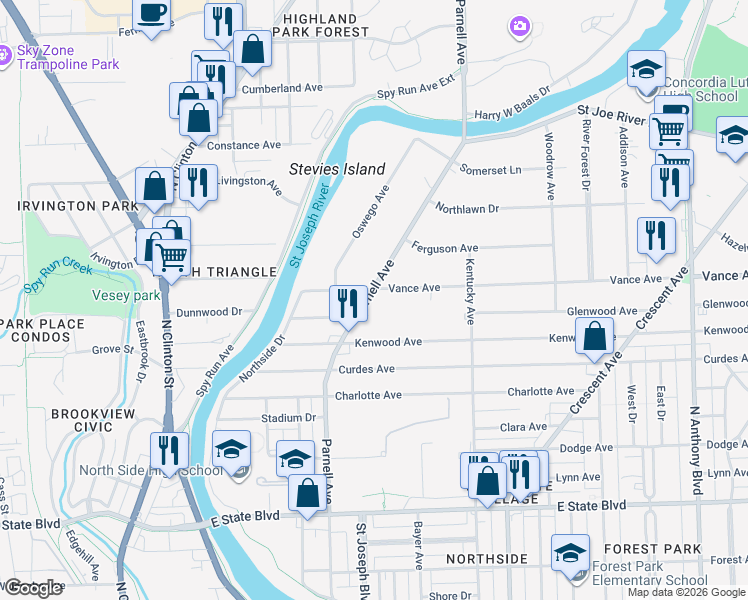 map of restaurants, bars, coffee shops, grocery stores, and more near in Fort Wayne
