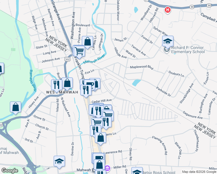 map of restaurants, bars, coffee shops, grocery stores, and more near 1102 Coventry Way in Mahwah