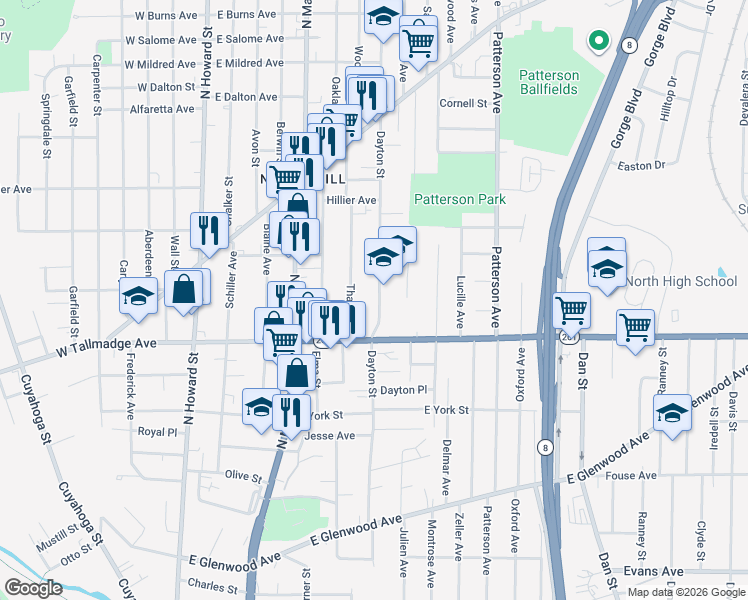 map of restaurants, bars, coffee shops, grocery stores, and more near 664 Dayton Street in Akron