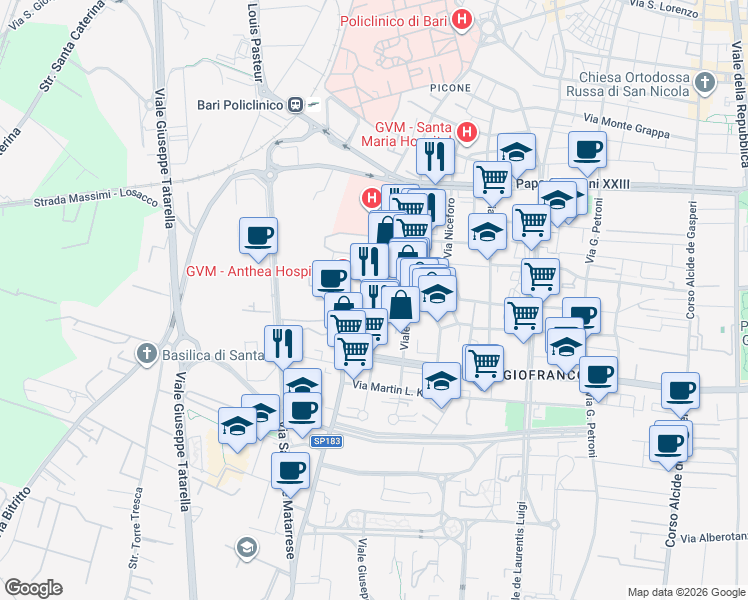 map of restaurants, bars, coffee shops, grocery stores, and more near Traversa Al 39 a Via M. Amoruso in Bari
