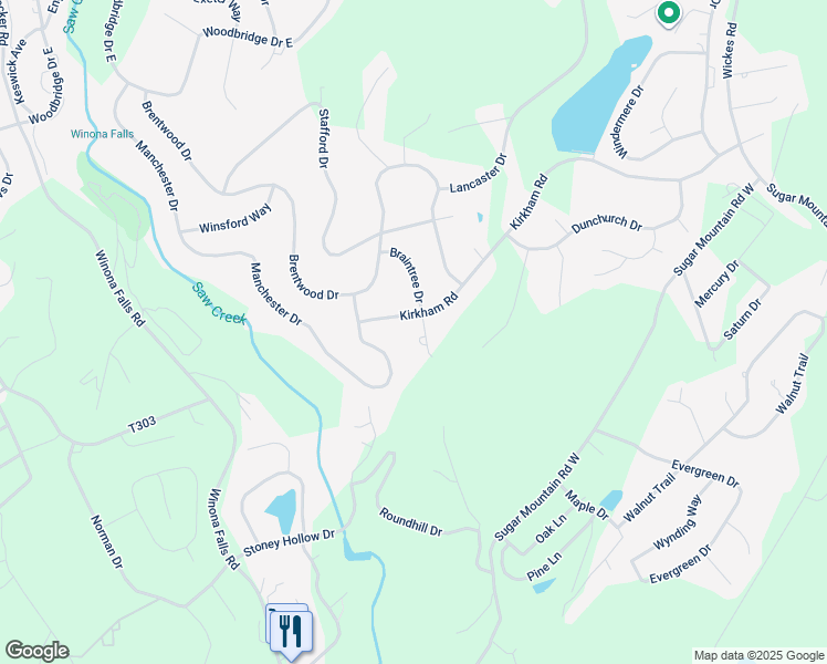 map of restaurants, bars, coffee shops, grocery stores, and more near 6106 Braintree Court in Saw Creek