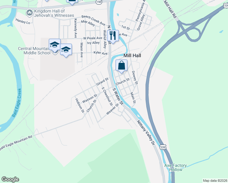 map of restaurants, bars, coffee shops, grocery stores, and more near 221 Danis Street in Mill Hall