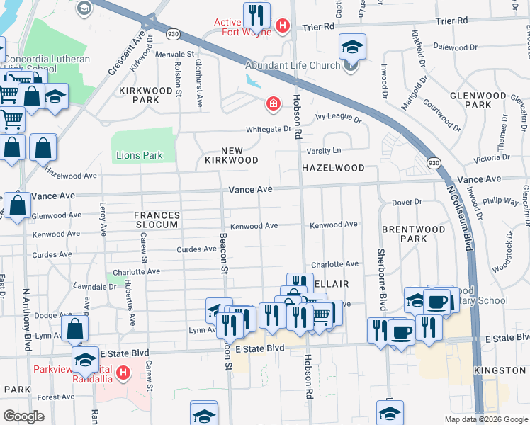 map of restaurants, bars, coffee shops, grocery stores, and more near 3013 Kenwood Ave in Fort Wayne