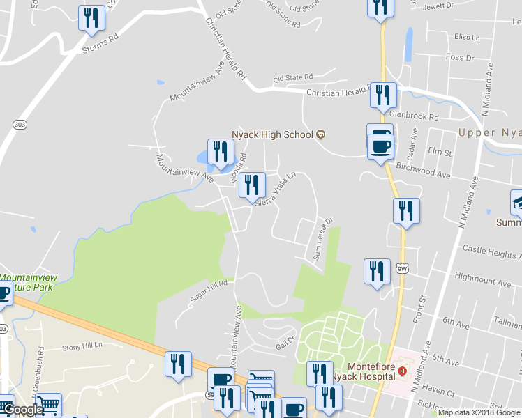 map of restaurants, bars, coffee shops, grocery stores, and more near 188 Sierra Vista Lane in Valley Cottage