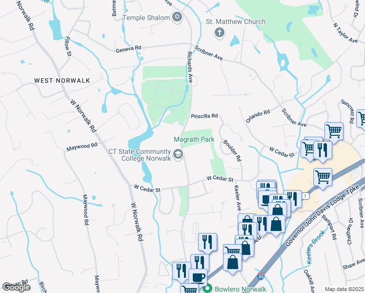 map of restaurants, bars, coffee shops, grocery stores, and more near 188 Richards Avenue in Norwalk