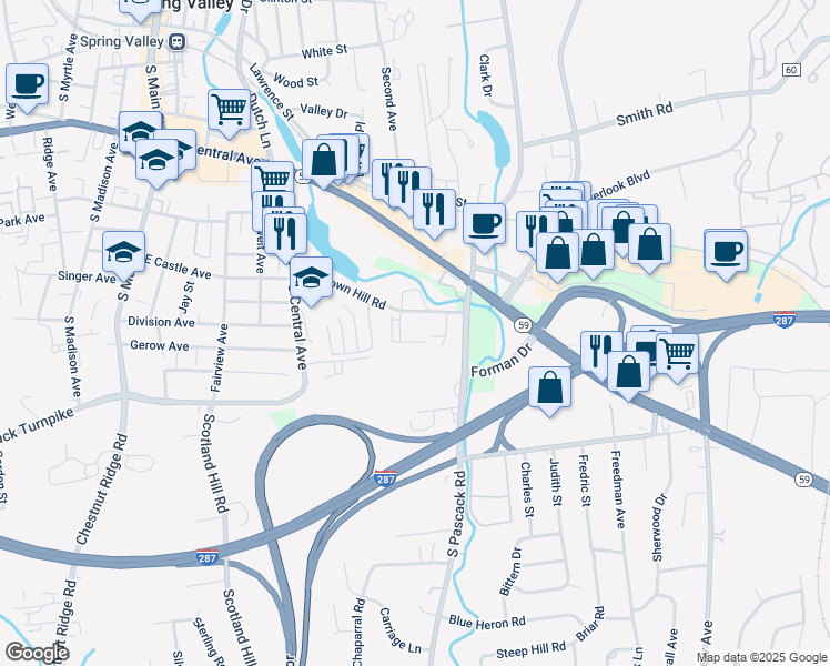 map of restaurants, bars, coffee shops, grocery stores, and more near 308 Town Hill Condominium in Nanuet